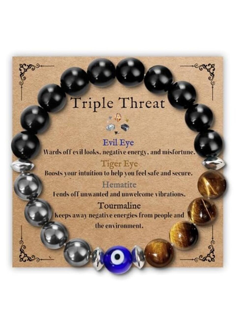Mens Evil Eye Bracelet Tiger Eye Black Tourmaline Hematite 10mm Protection Beads